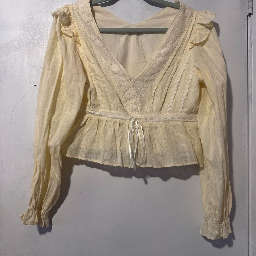 Altar'd State Butter Yellow Swiss Dot Lace Peplum Blouse Small Cotton - Picture 3 of 4